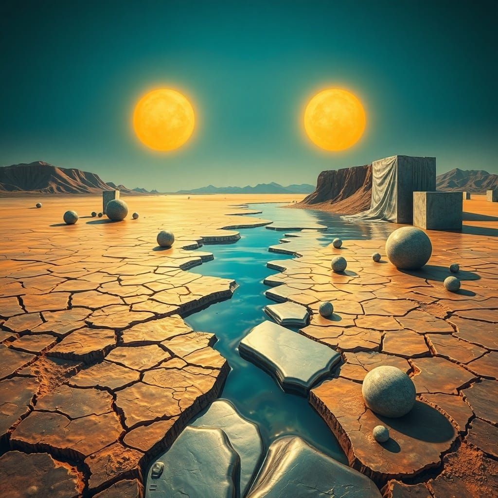 Surreal Desert Melts into Silver Ocean Under Twin Suns