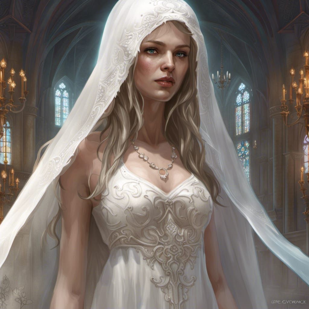 Ethereal Bride in White Veil: Art Nouveau Style