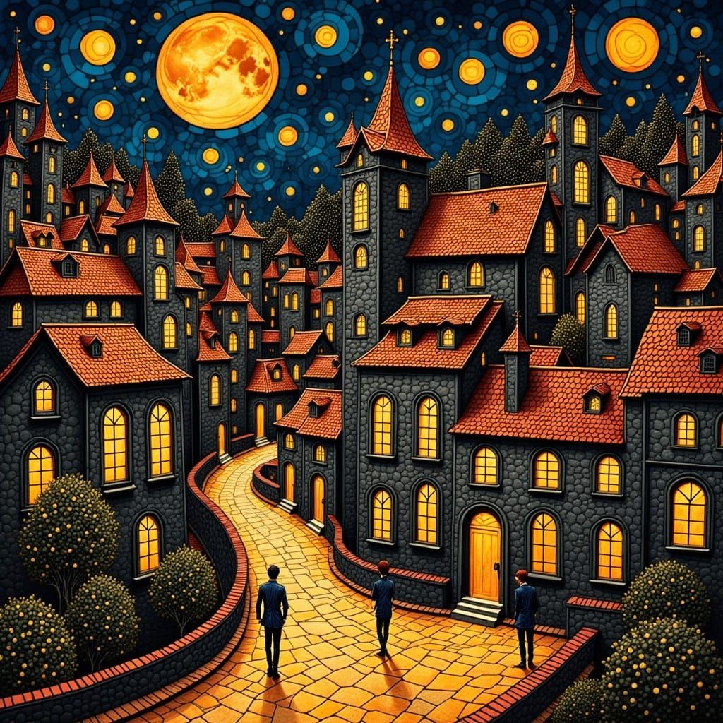 Whimsical Medieval Village in Art Nouveau Style