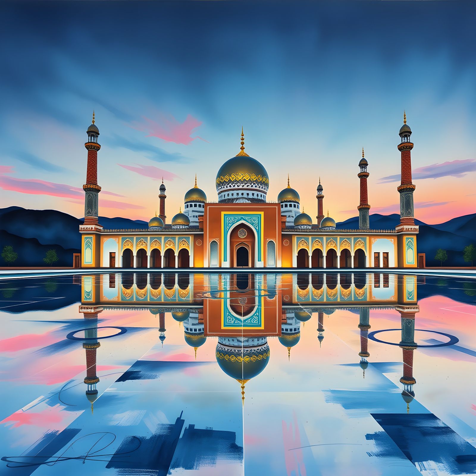 Geometric Mosque in Mixed Media Under Twilight Sky