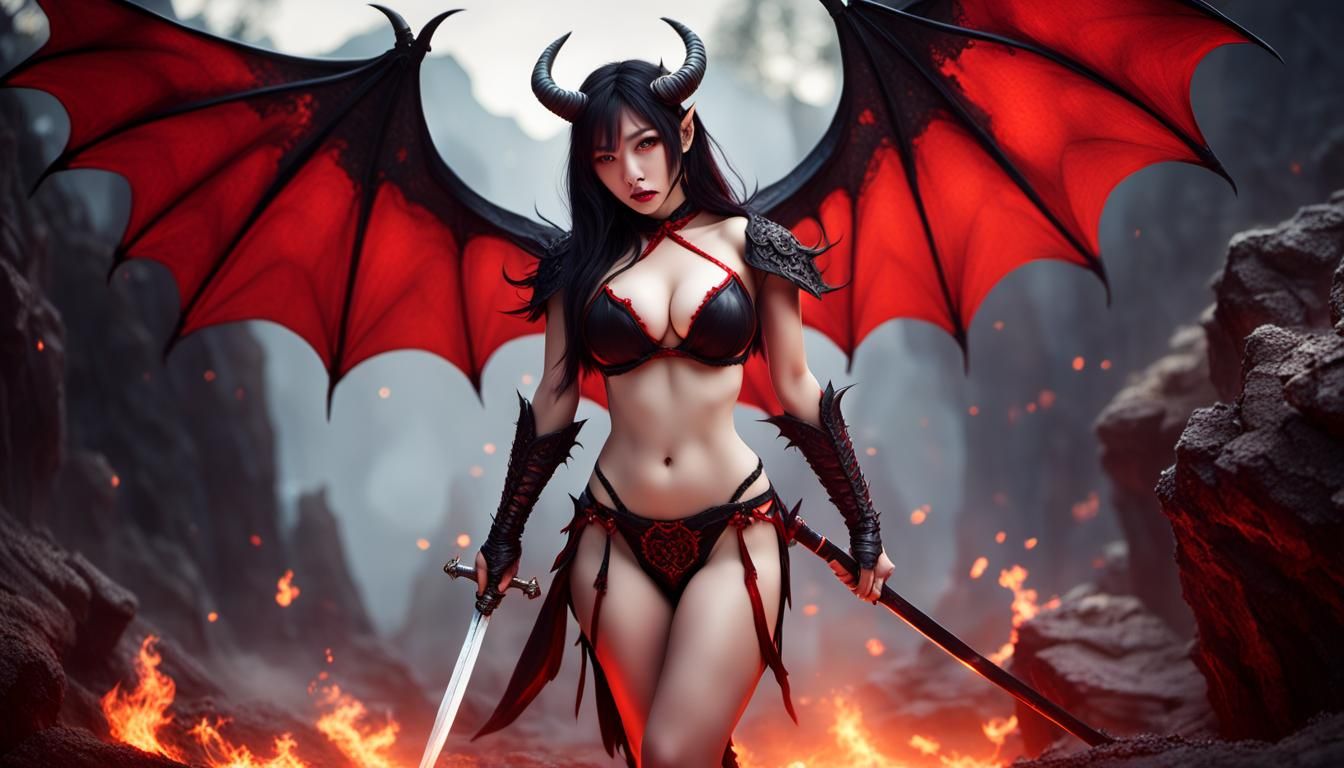 Fiery Asian Demoness with Sword in Desolate Abyss