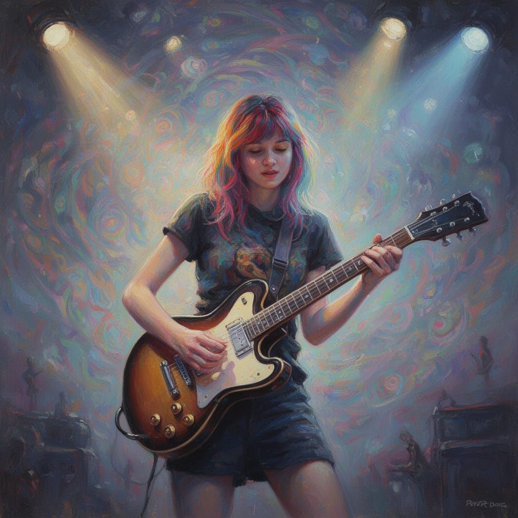 Woman Playing Guitar in Psychedelic Shoegaze Oil Painting