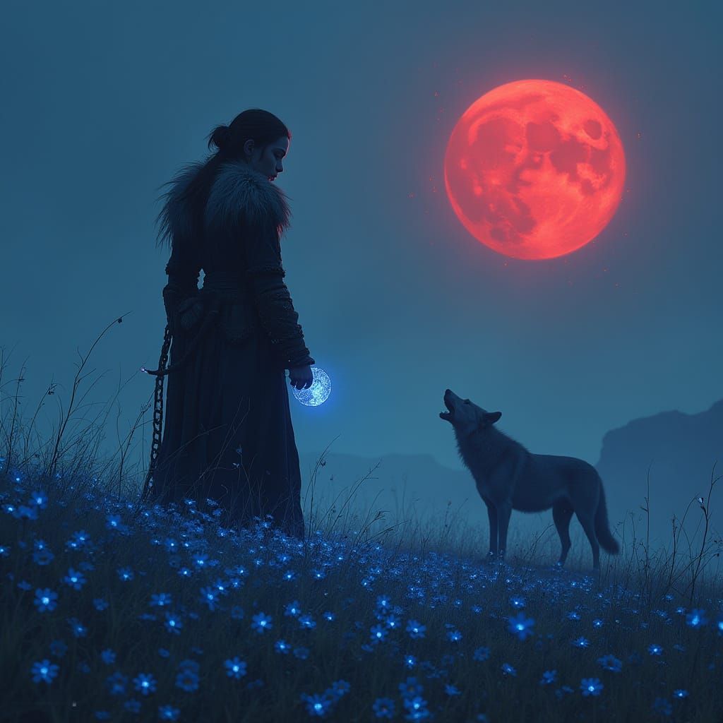 Nordthra Warrior Under Blood Moon in Digital Painting