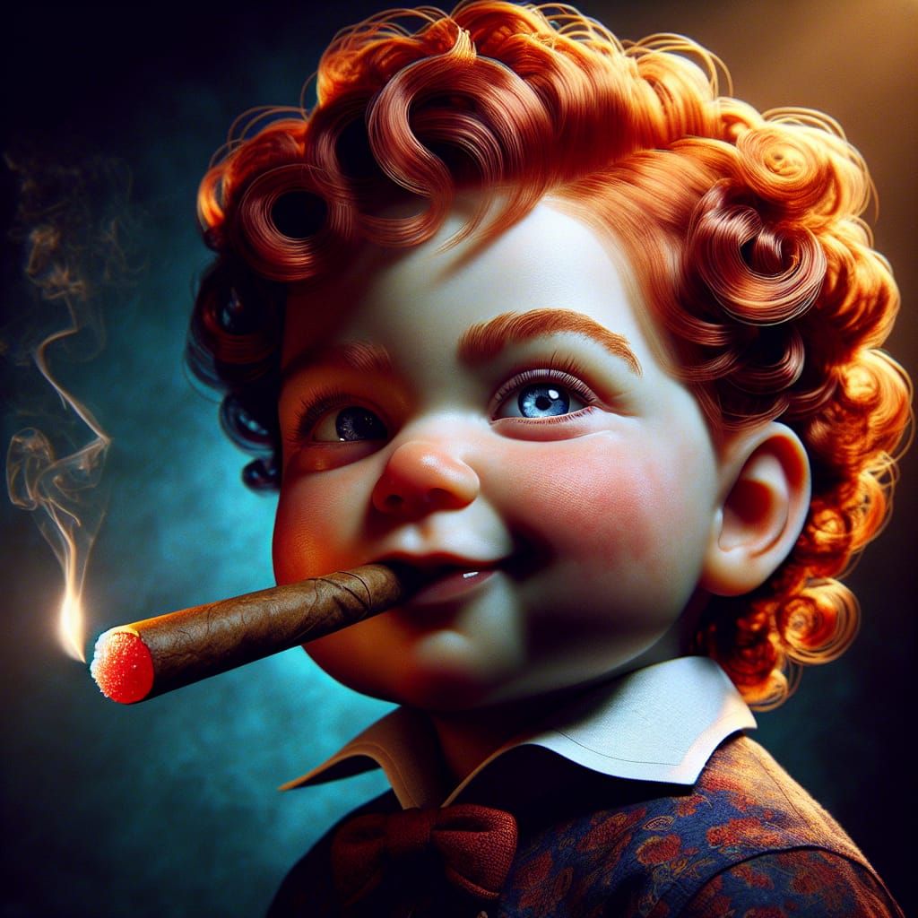 Mischievous Red-Haired Baby with Candy Cigar