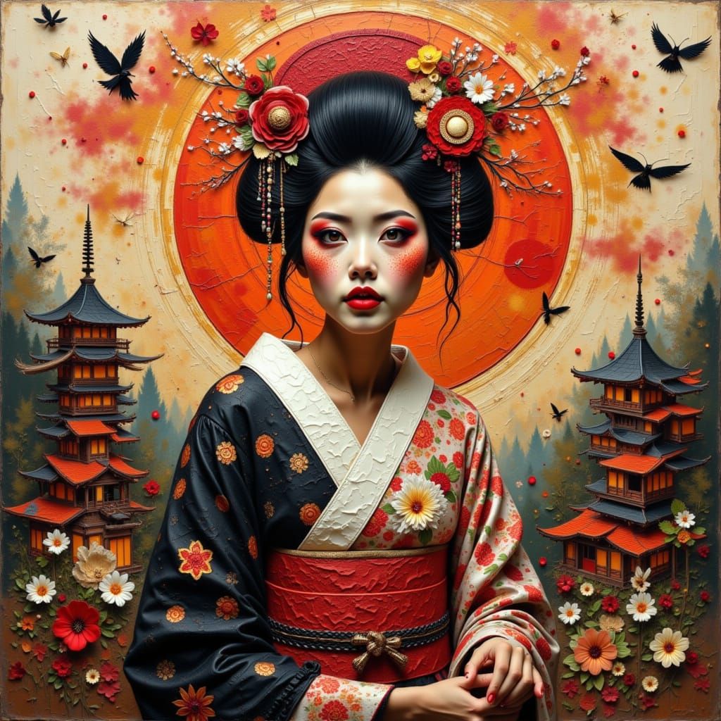 Geisha Assassin in Vibrant Abstract Impasto Style