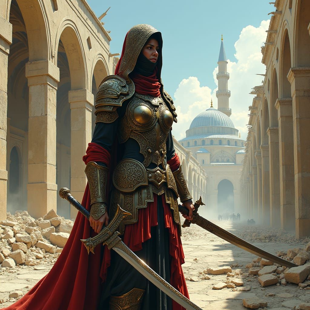 Heroic Muslim Warrior in War-Torn Cityscape