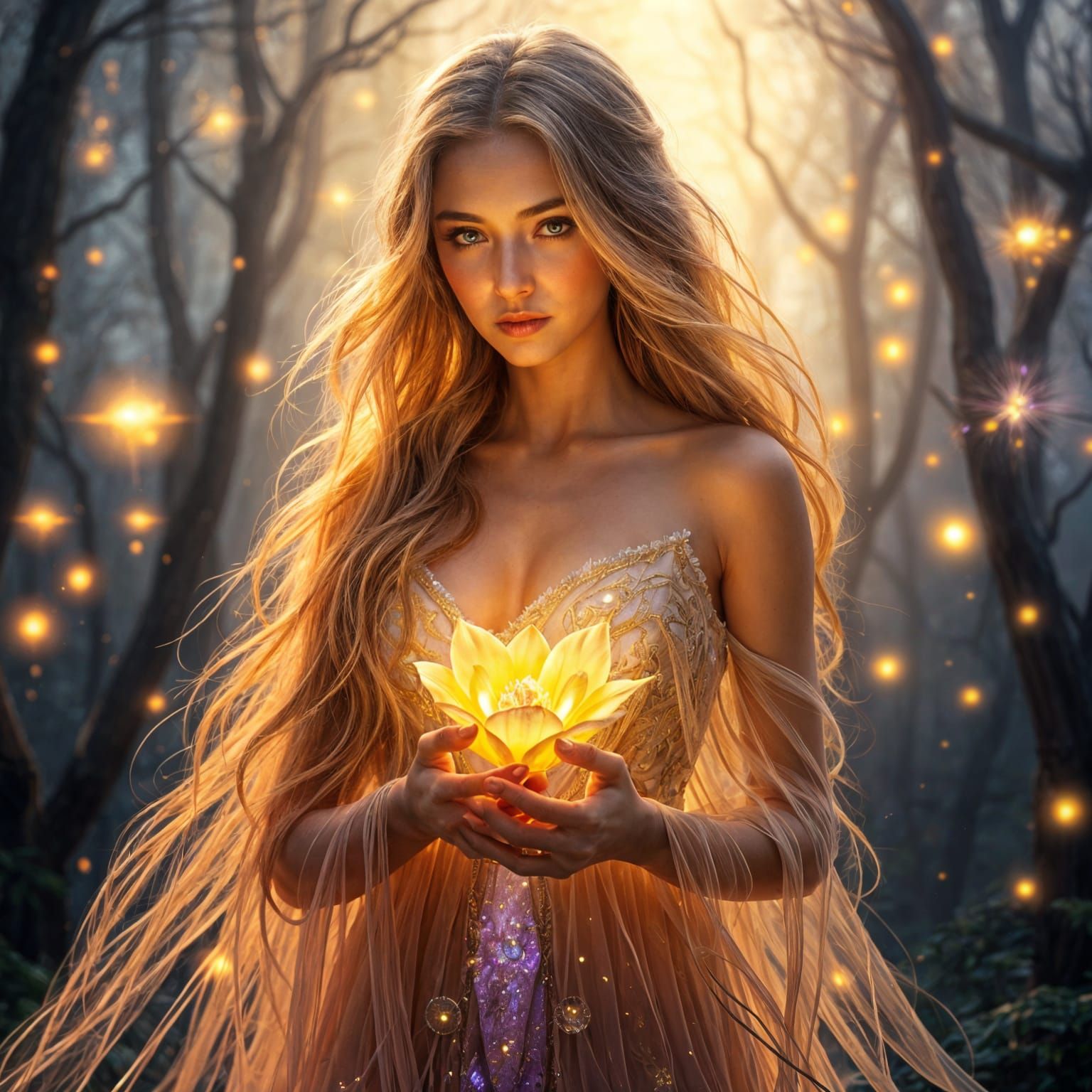 Golden Goddess in Majestic Fantasy Dreamscape