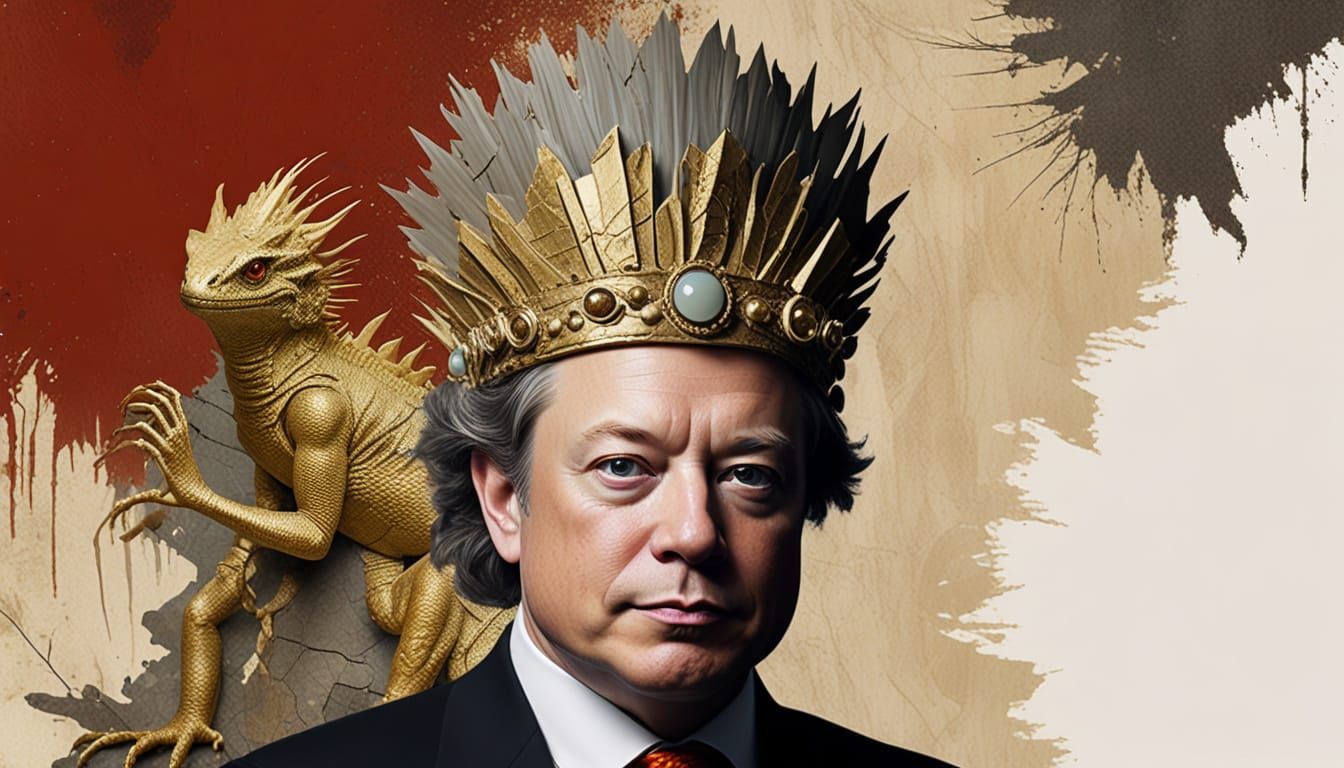 Dark Whimsical wacky ugly chubby older fae lizard-like fairy with iridescent wings,  orange makeup, faded yellow-blonde ...