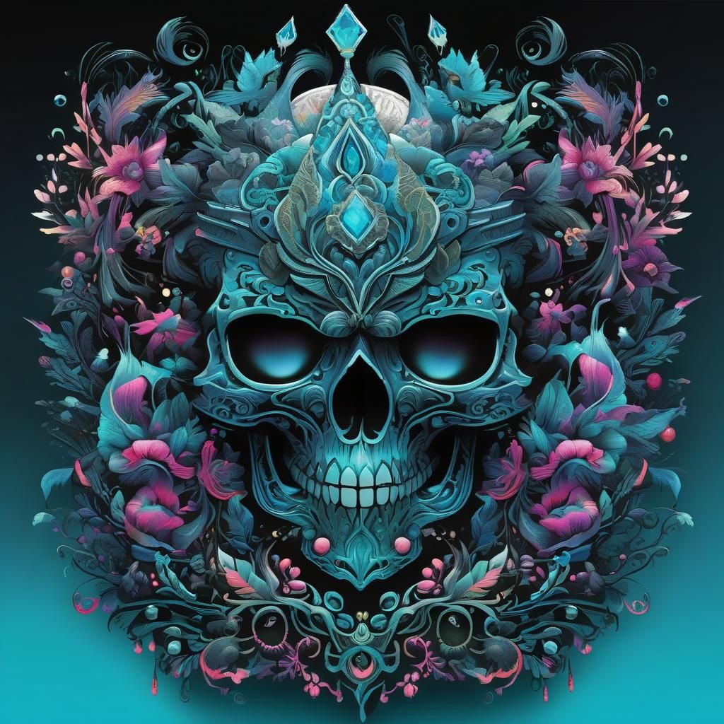 Embroidery Style Hibiscus Skull T-Shirt Design