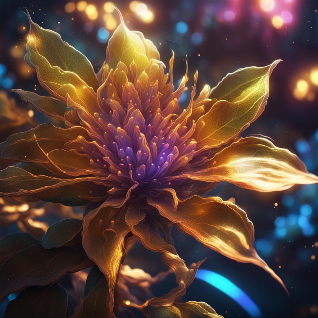 Golden Blossom Plant in Neon Fantasy Style