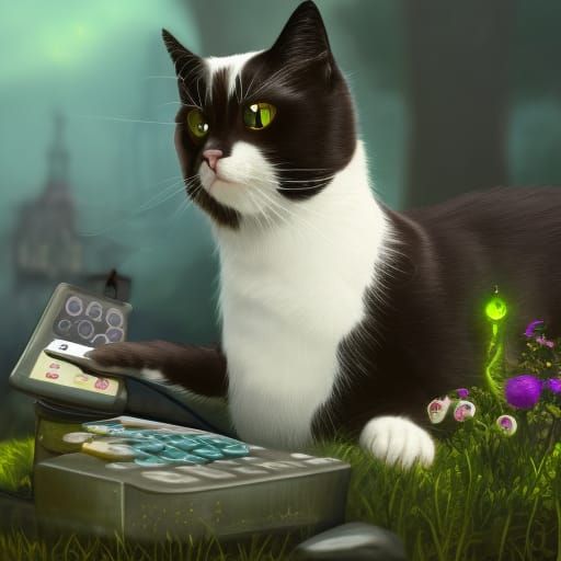Steampunk Tuxedo Cat Calculates in Garden