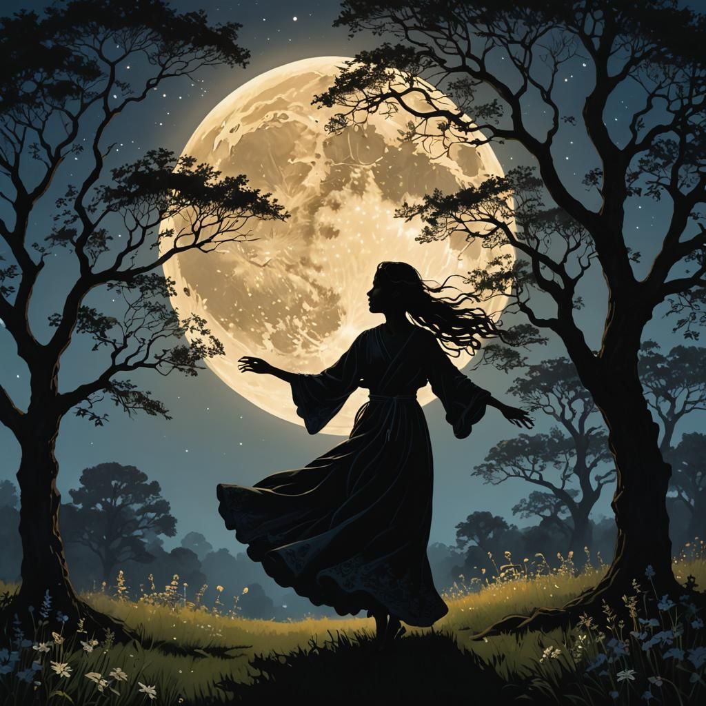 Moonlit Druid Silhouette Dancing Under Ethereal Glow