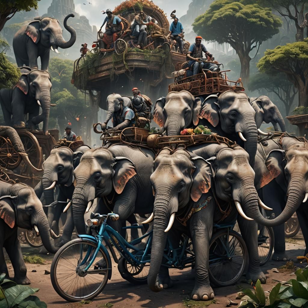Elephants' Bicycle Adventure: Detailed Matte Painting