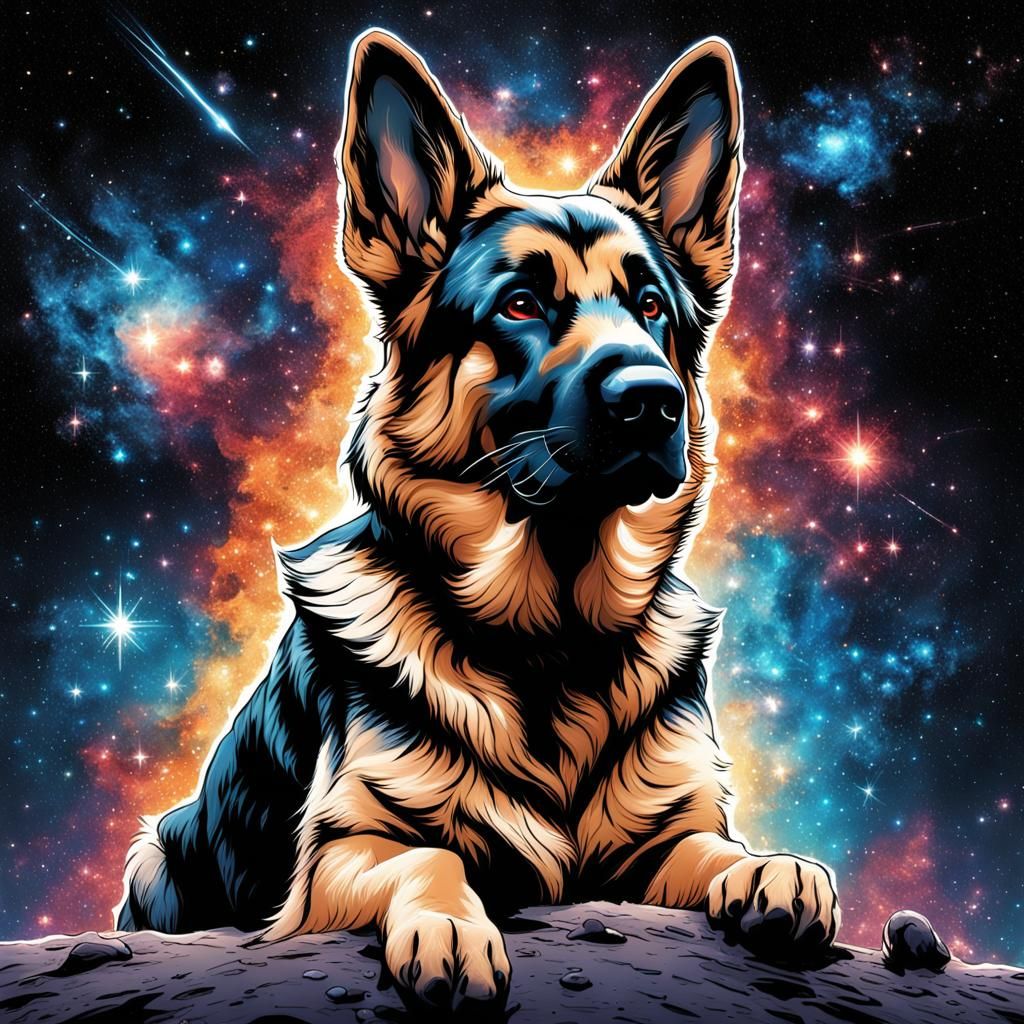 German Shepherd Puppy Made of Stars in Space