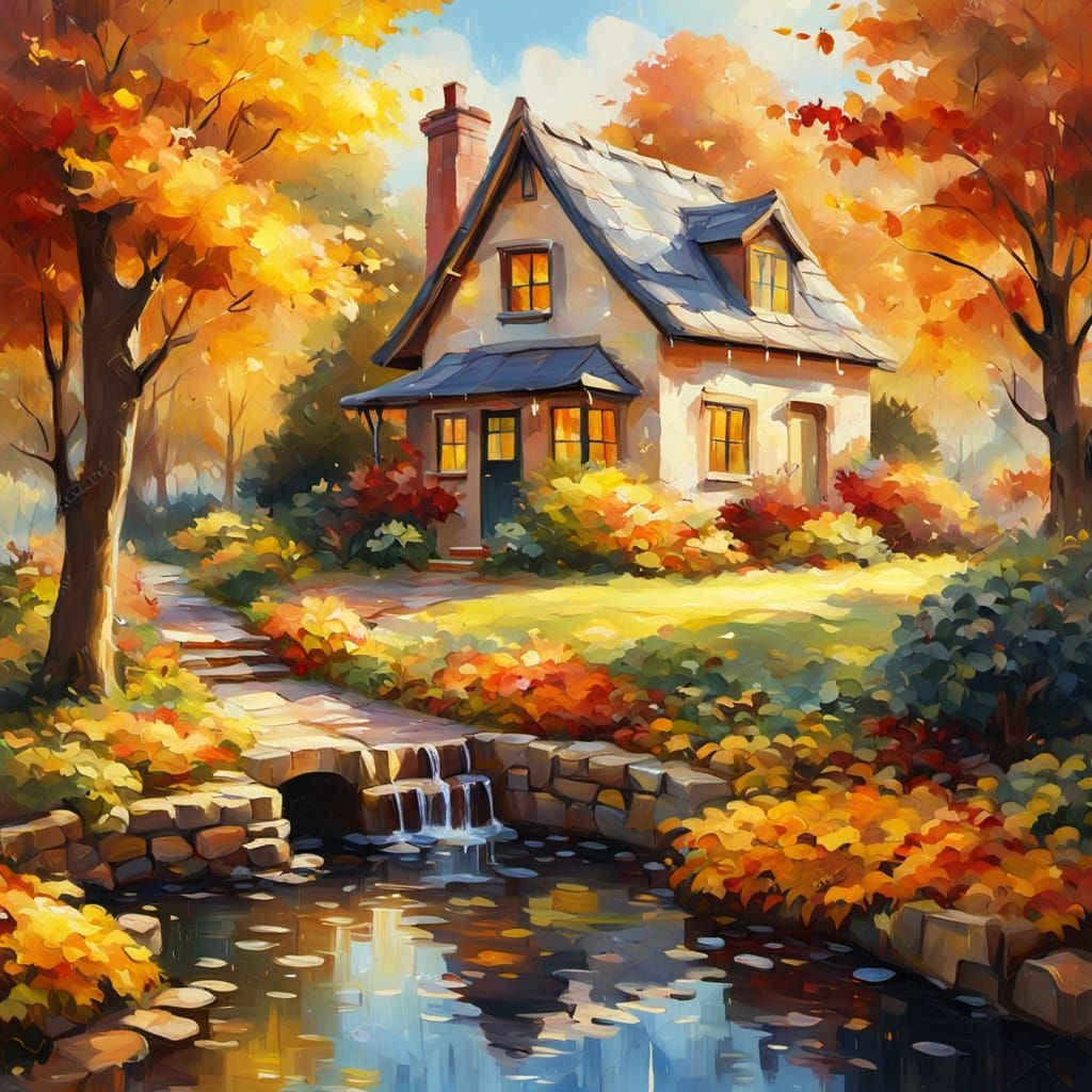 Autumn Cottage Garden in Impressionist Style