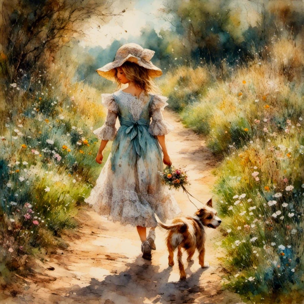 Girl with Kitten in Sunlit Rural Landscape