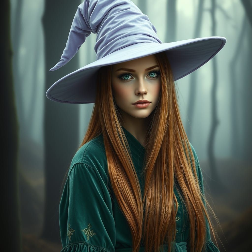Realistic Adult Witch in Lavender Hat and Emerald Eyes
