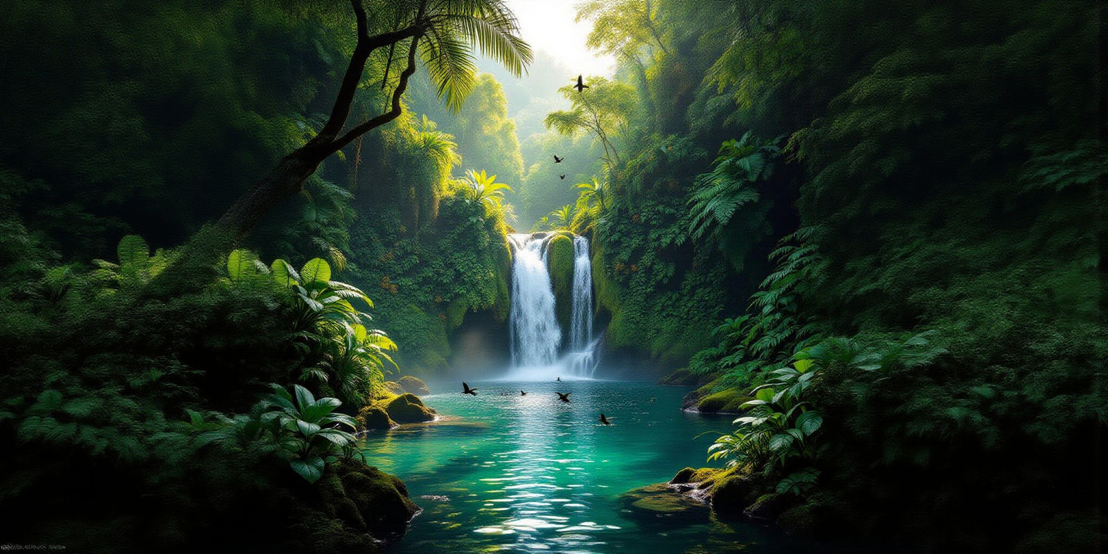 Prehistoric Jungle Waterfall in Golden Light