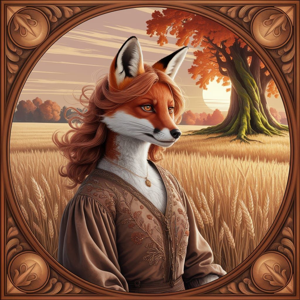 Fox Person in Golden Hour Light, Art Nouveau Style