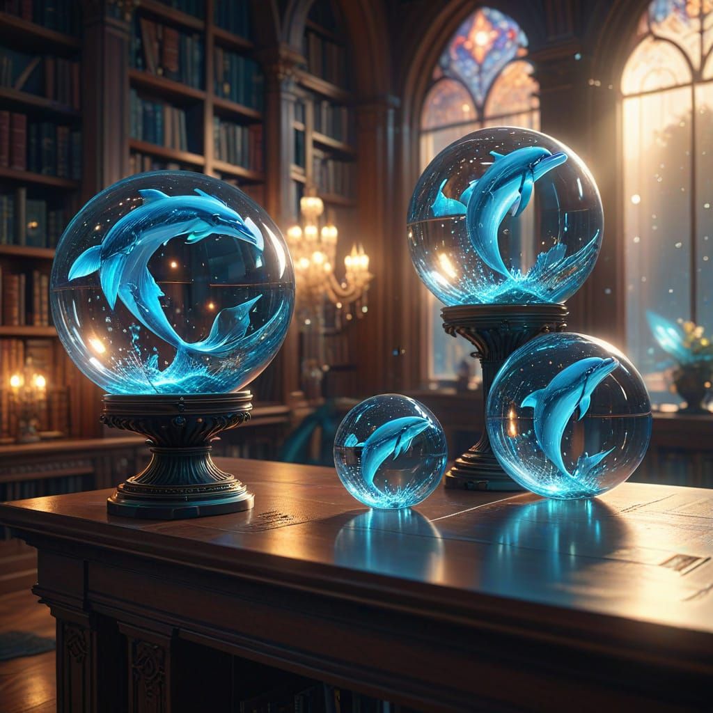 Futuristic Library with Glowing Orbs and Crystalline Dolphin...
