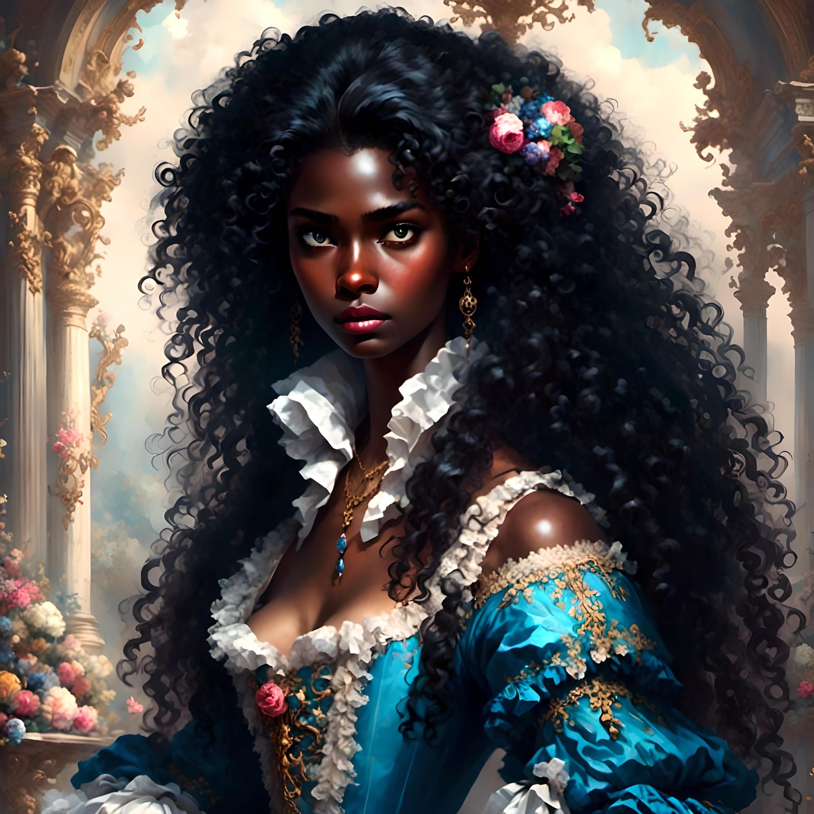 Rococo Portrait of Woman with Curly Black Hair