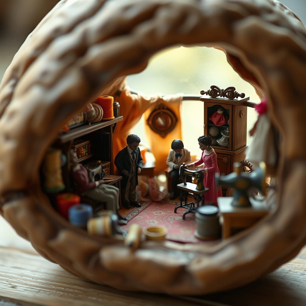 Whimsical Tailor's Shop Inside a Walnut Shell