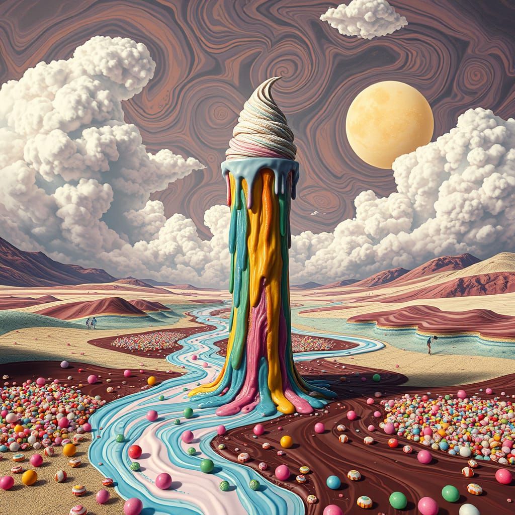 Surreal Ice Cream Tower in Dreamlike Landscape