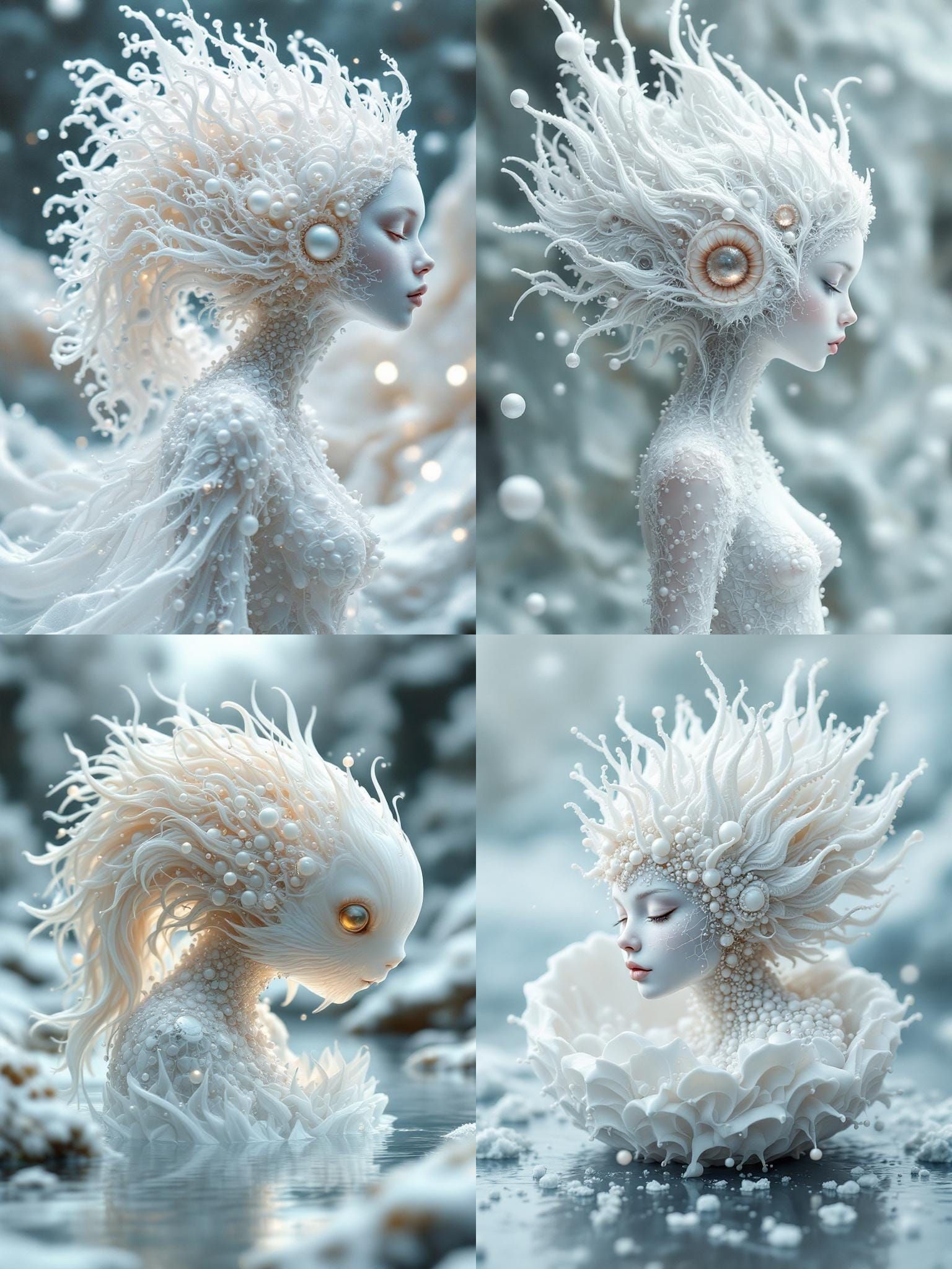 Fractal Pearl Shell Creature with White Hairstyle