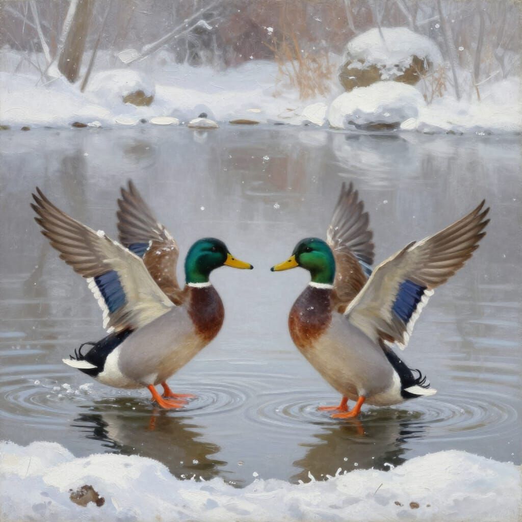 Ducks Landing on Snowy Pond in Hyperrealistic Oil Painting S...