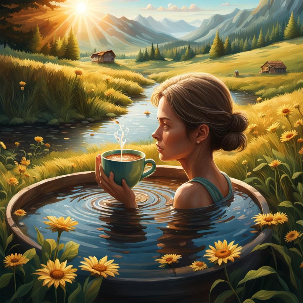 A Woman Basks in a Coffee Cup Amidst a Vibrant Landscape