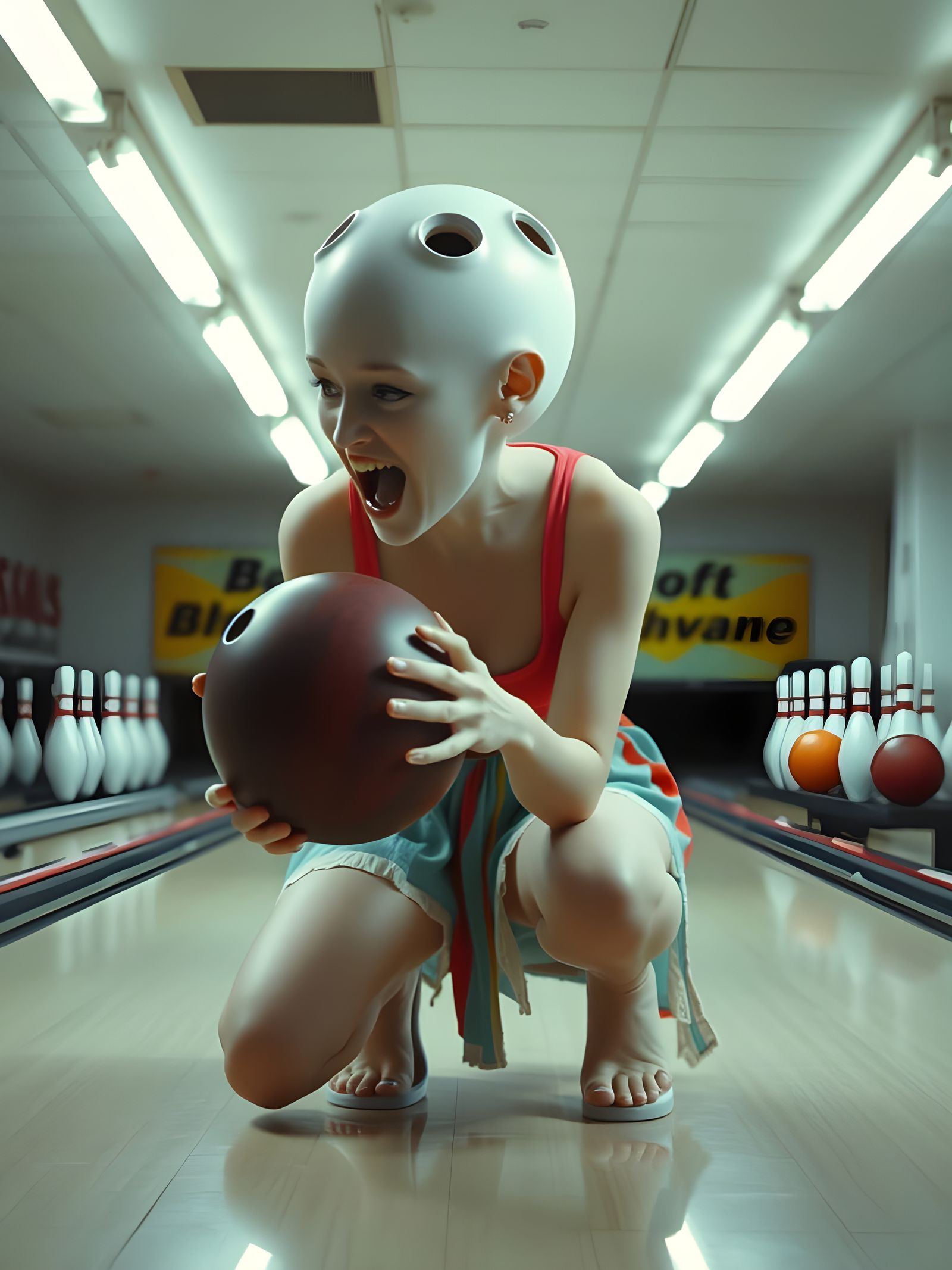Surreal Woman's Bowling Ball Head in a Neon Bowling Alley
