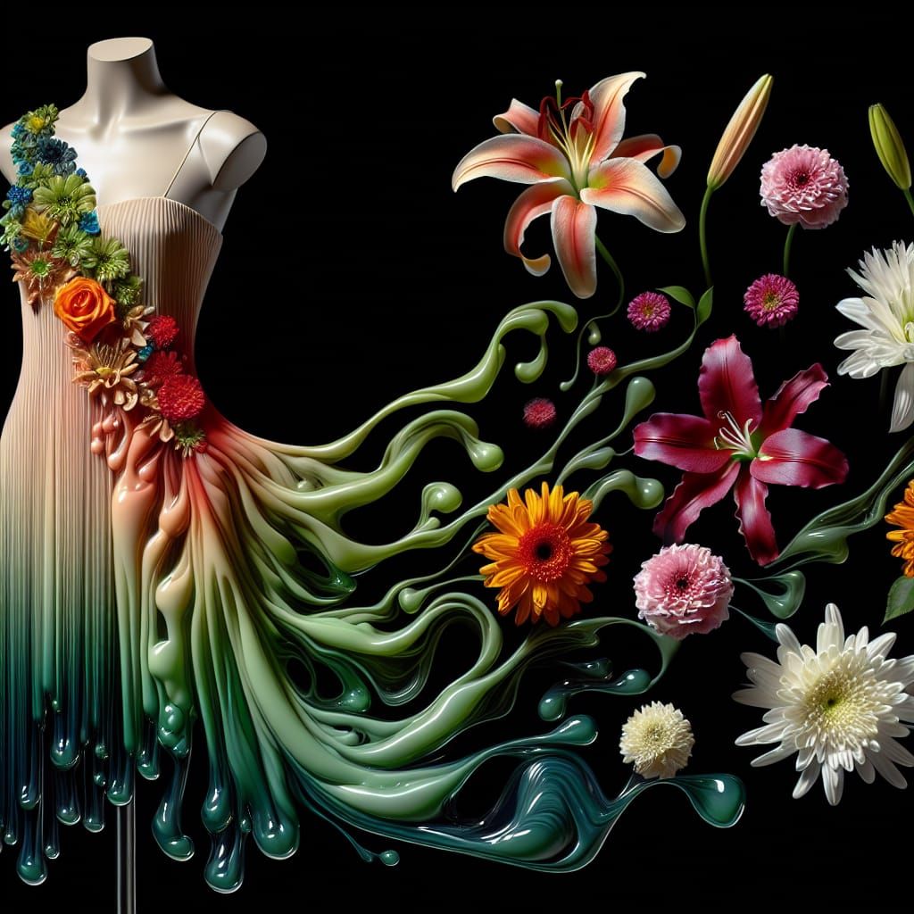 Liquid Sundress with Flowers: Digital Art Fashion