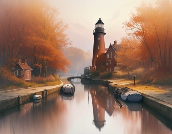 Mystical Autumn Harbor Scene with Brick Lighthouse