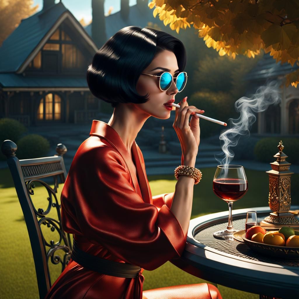 Woman in Bathrobe Smoking: Detailed Digital Art