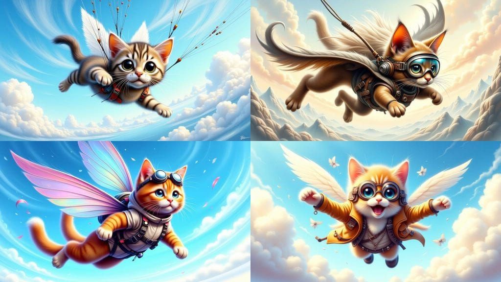 Hyperrealistic Skydiving Cat with Wings in Vibrant Colors