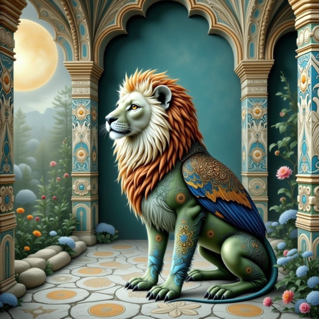 Majestic Persian Chimera Under Moonlit Garden Skies