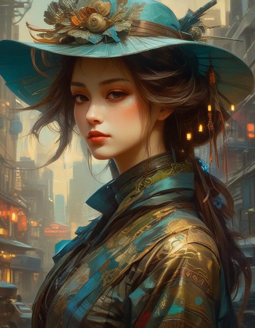 Elegant Geisha in Neon-Lit Sunset