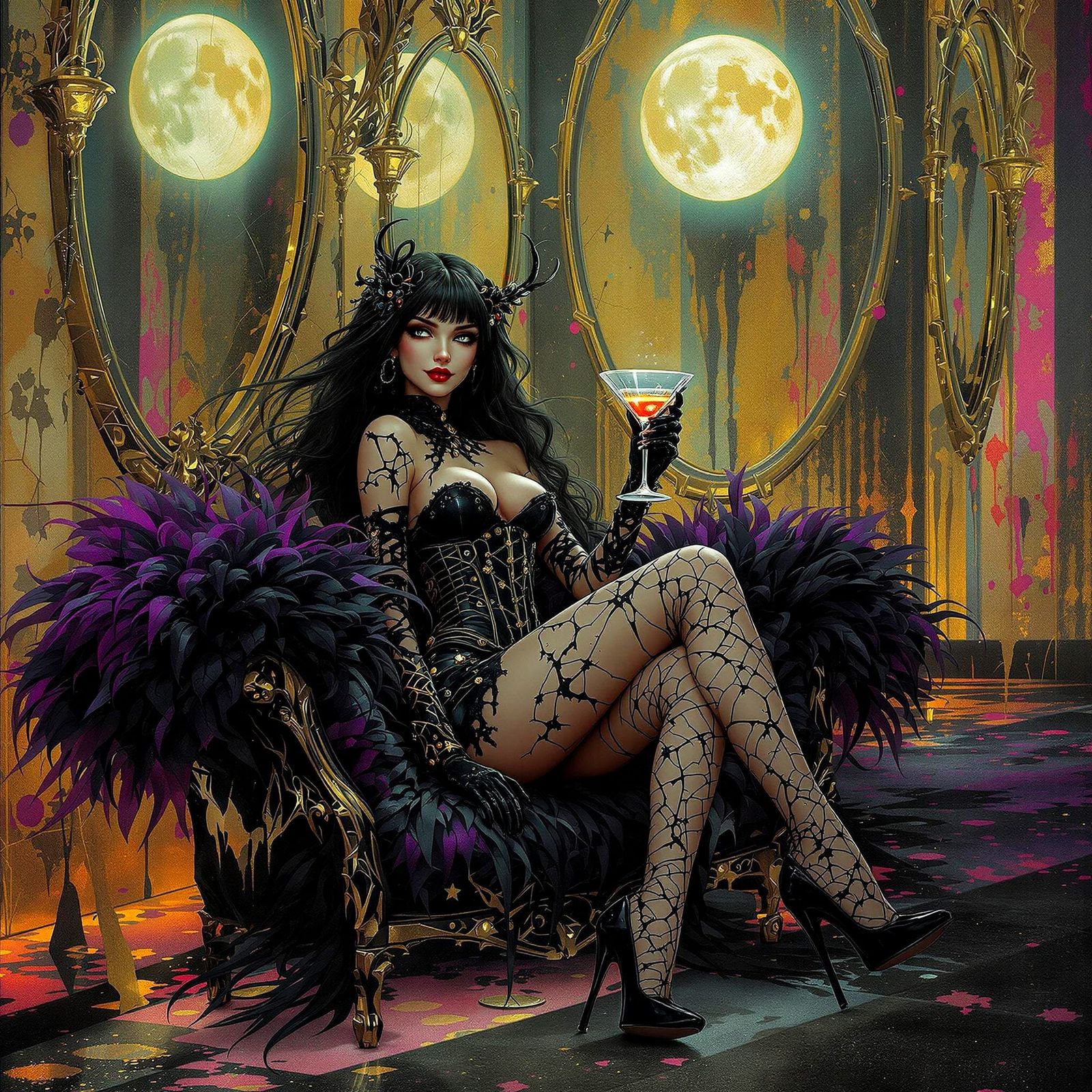 Enigmatic Siren Sips a Surreal Martini in a Dreamlike Gothic...