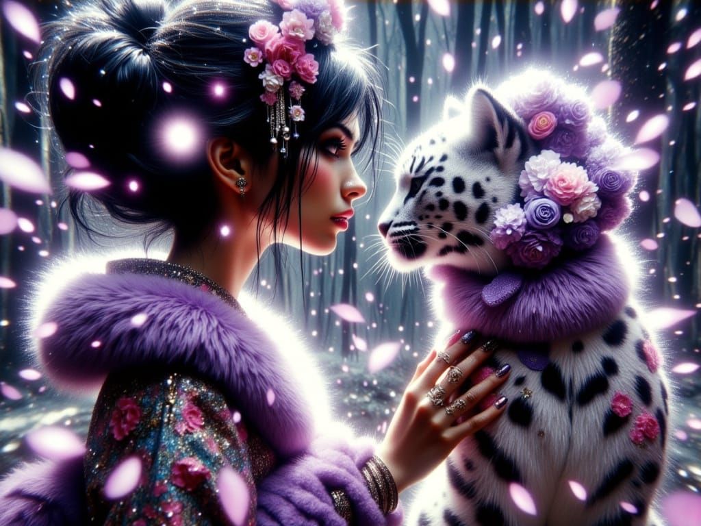 Geisha and Snow Leopard in Whimsical Japanese Setting