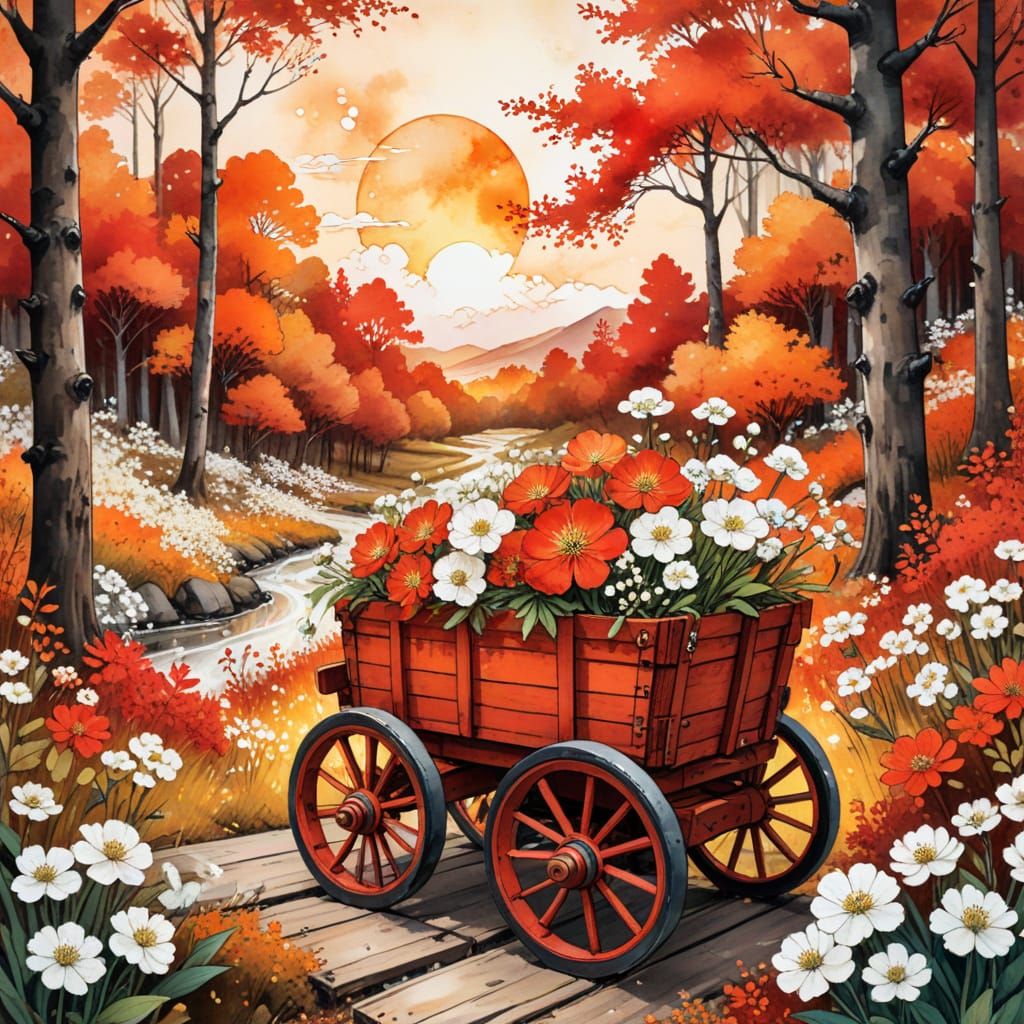 Vibrant Autumn Floral Scene in Ukiyo-e Style