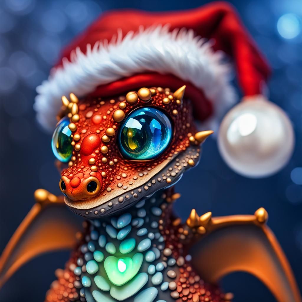 Labradorite Crystal Dragon Hatchling with Santa Hat