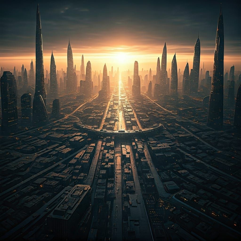Futuristic Megacity Aerial View at Dawn