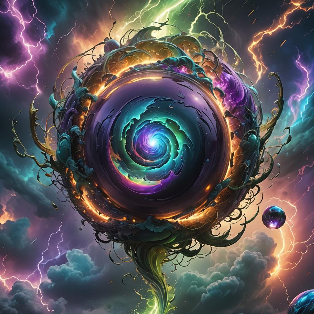 Iridescent Orb Above Swirling Tornado, Dreamlike Matte Paint...