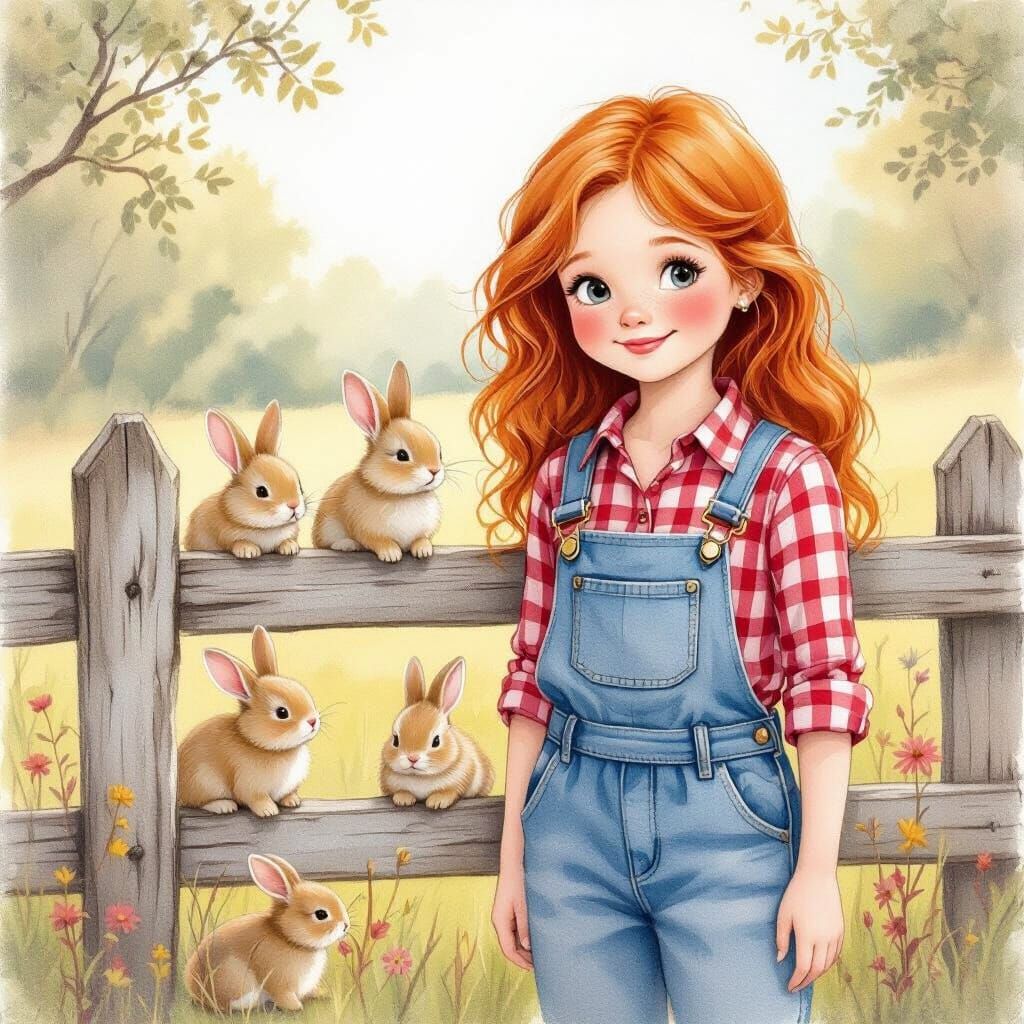 Whimsical Country Girl with Bunnies in Pastel Style