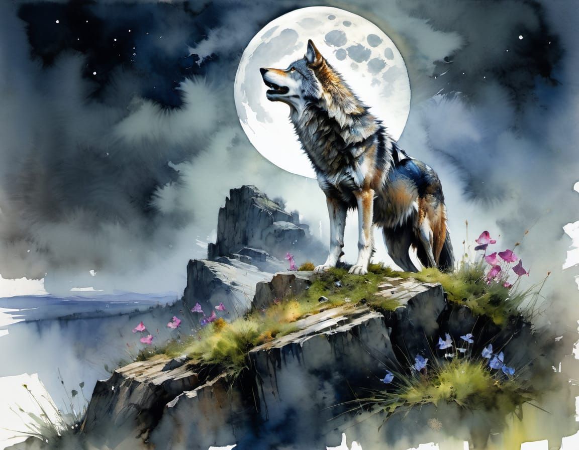 Gray Wolf at Moonlit Rock in Whimsical Watercolor