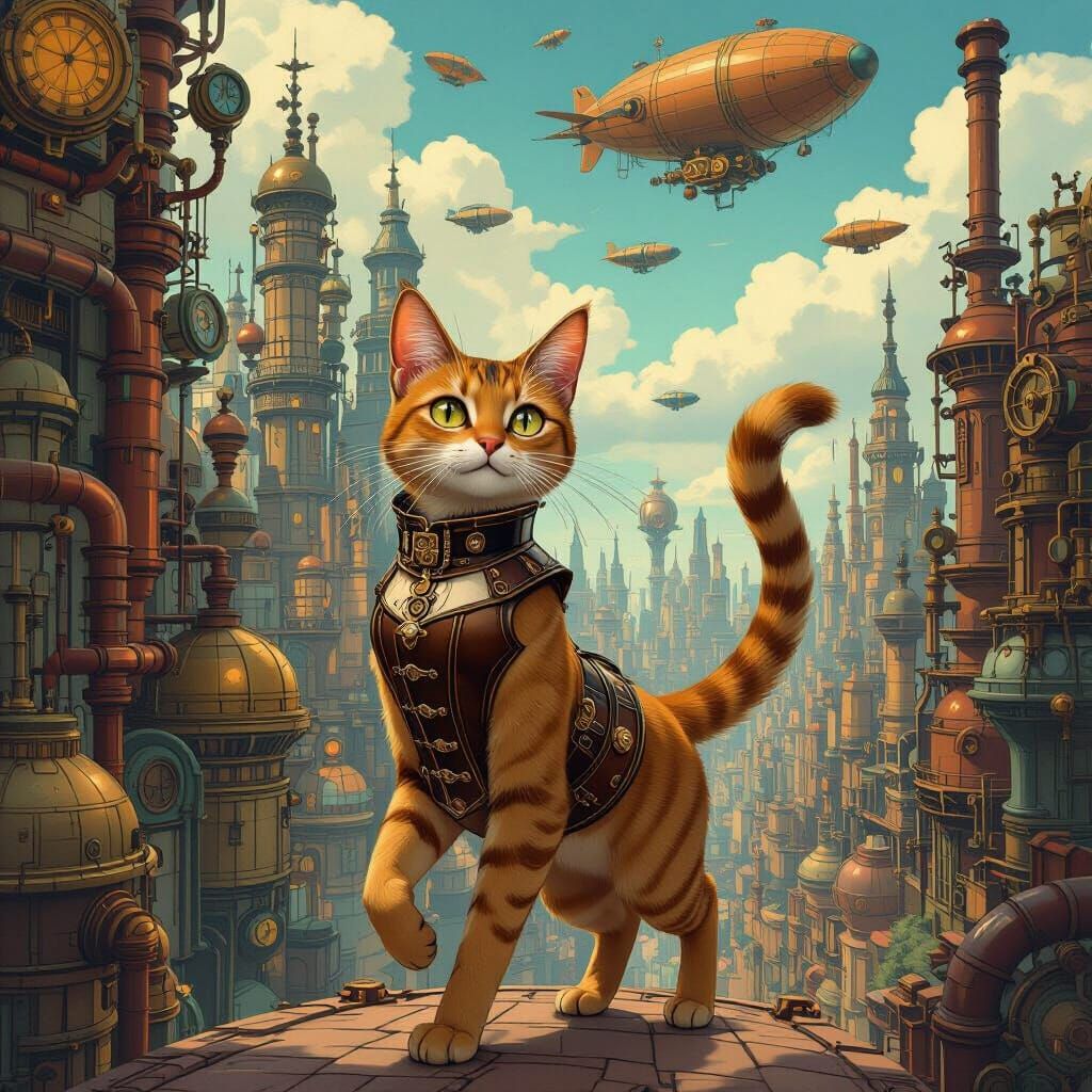 A majestic Abyssinian cat, adorned with intricate clockwork gears and brass fittings, confidently strides through a spra...