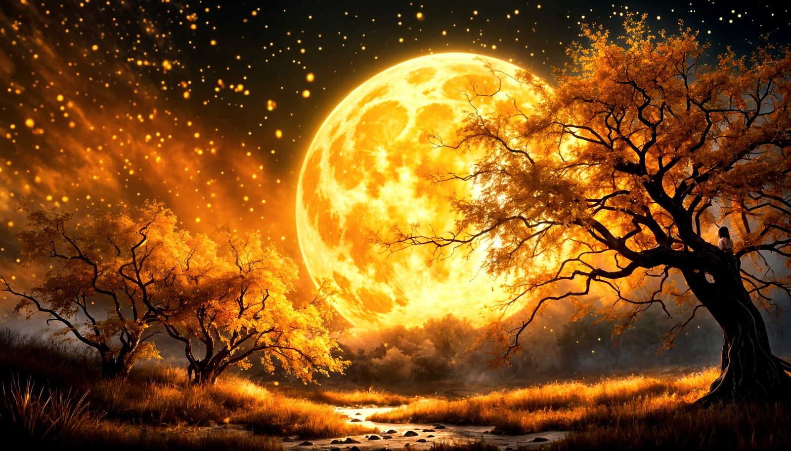 Golden Supermoon Over Autumn Trees With Lone Figure