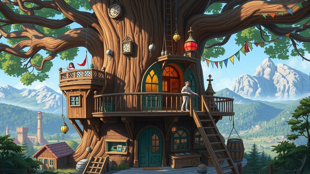 Whimsical Treehouse Village in Fantasy Concept Art Style