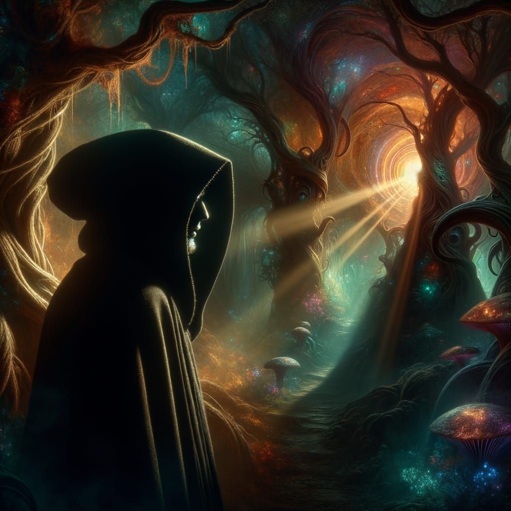 Enigmatic Figure Gazing at Portal in Dark Forest
