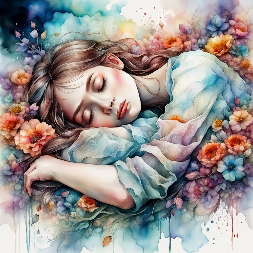 Sleeping Woman on Flower Bed, Watercolor and Ink Art
